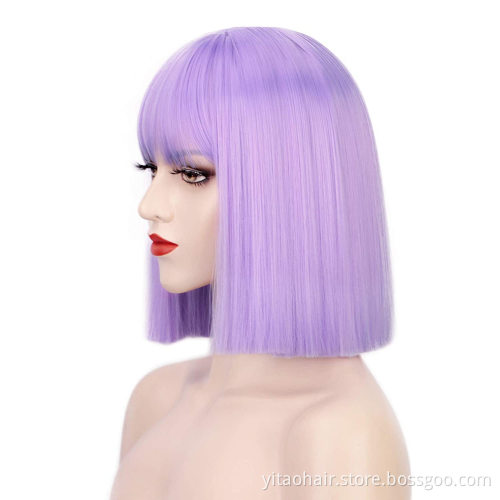 Wholesale  Bob Wigs for Women Purple Middle Part Straight Hair Heat Resistant Synthetic Wig Pastel Cosplay Costume Wig Bangs